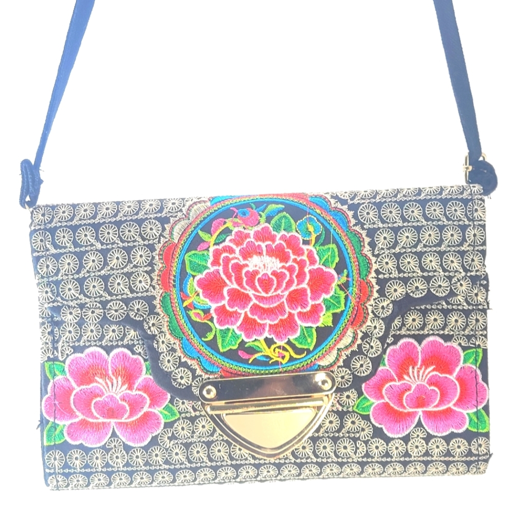 Vibrant Embroidered Lotus Flower Purse With Chunky Buckle Clasp